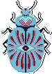 a pixel art beetle in shades of blue and pink, with an eye motif surrounded by petal-like shapes